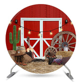 Rodeo Red Wood Wall White Door Round Party Backdrop